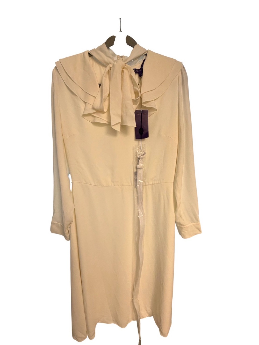 NWT Ralph Lauren Purple Label Cream Long-Sleeve Tie Collar Belted Dress Size 10